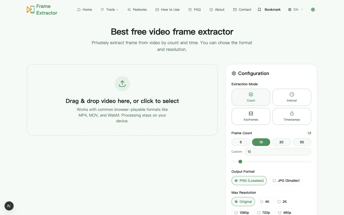 Arbeitsbereich von Frame Extractor mit Video-Ablagefläche und Extraktionseinstellungen